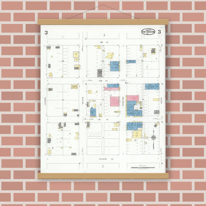Old map wall art mockup — magnetic wood frame on brick wall — Sanborn Fire Insurance Map from Fort Stockton, Pecos County, Texas (1927), Sheet #0003