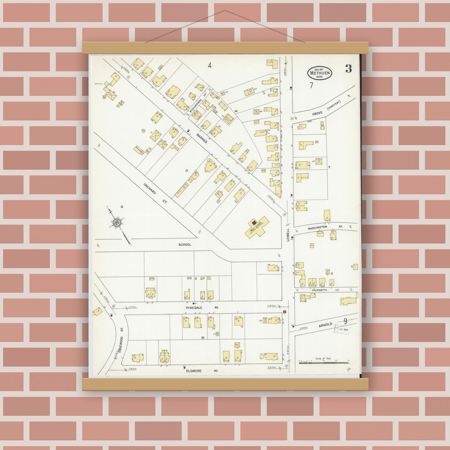 Old map wall art mockup — magnetic wood frame on brick wall — Sanborn Fire Insurance Map from Methuen, Essex County, Massachusetts (1911), Sheet #0003