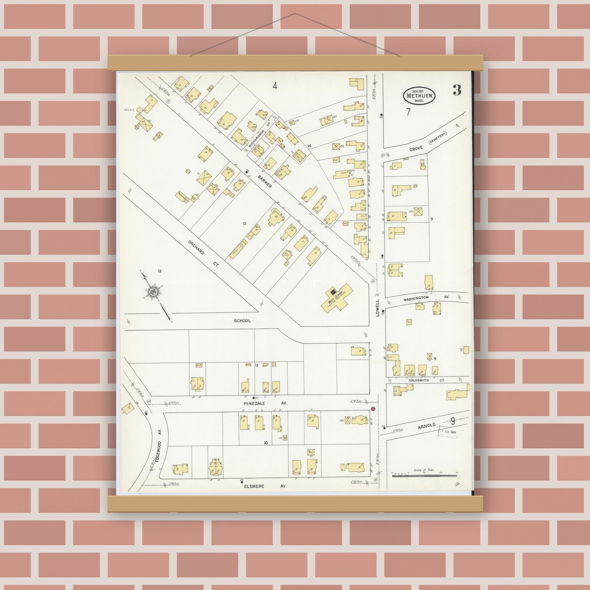Old map wall art mockup — magnetic wood frame on brick wall — Sanborn Fire Insurance Map from Methuen, Essex County, Massachusetts (1911), Sheet #0003