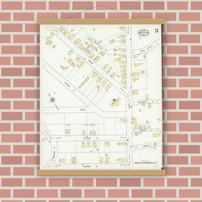 Old map wall art mockup — magnetic wood frame on brick wall — Sanborn Fire Insurance Map from Methuen, Essex County, Massachusetts (1911), Sheet #0003
