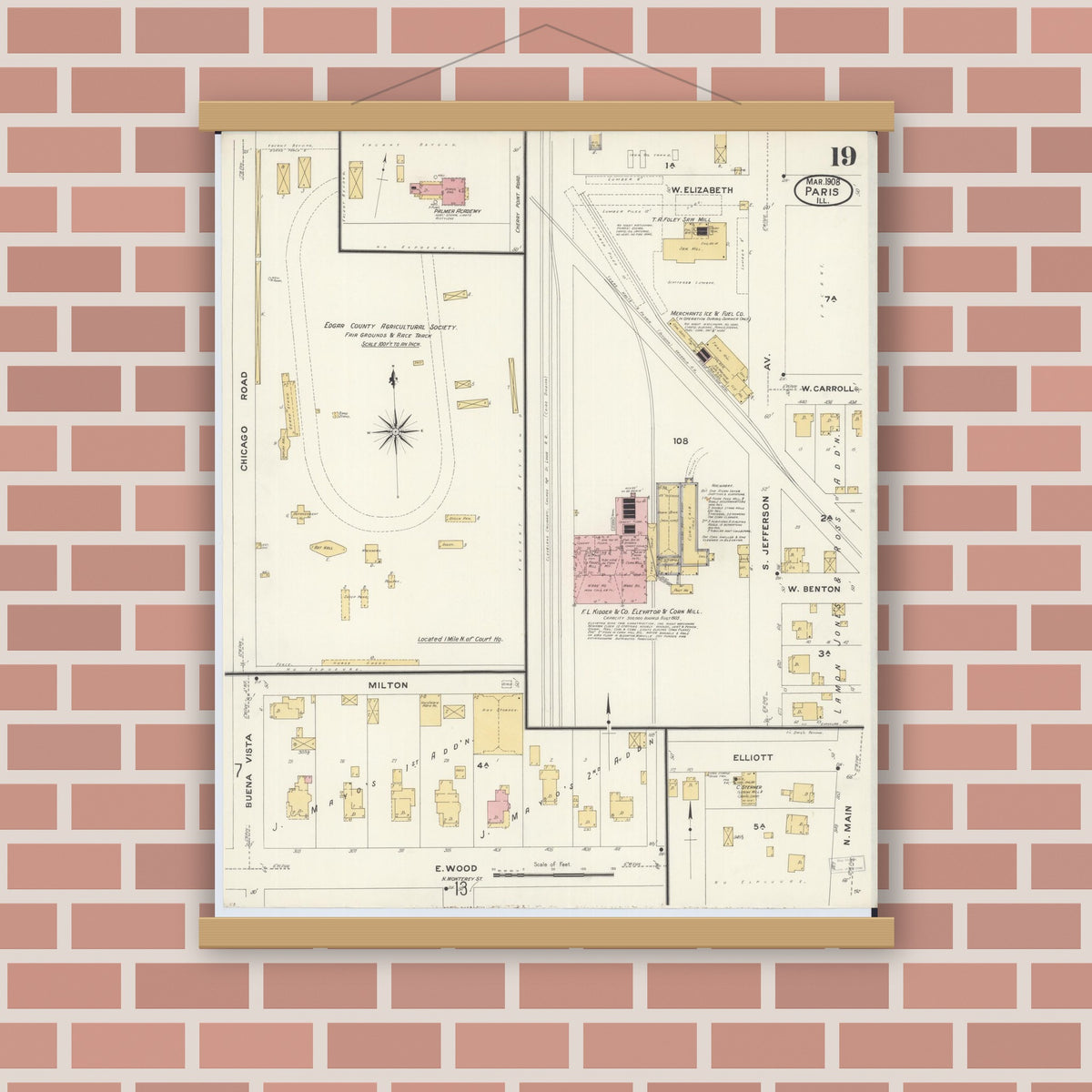 Old map wall art mockup — magnetic wood frame on brick wall — Sanborn Fire Insurance Map from Paris, Edgar County, Illinois (1908), Sheet #0019