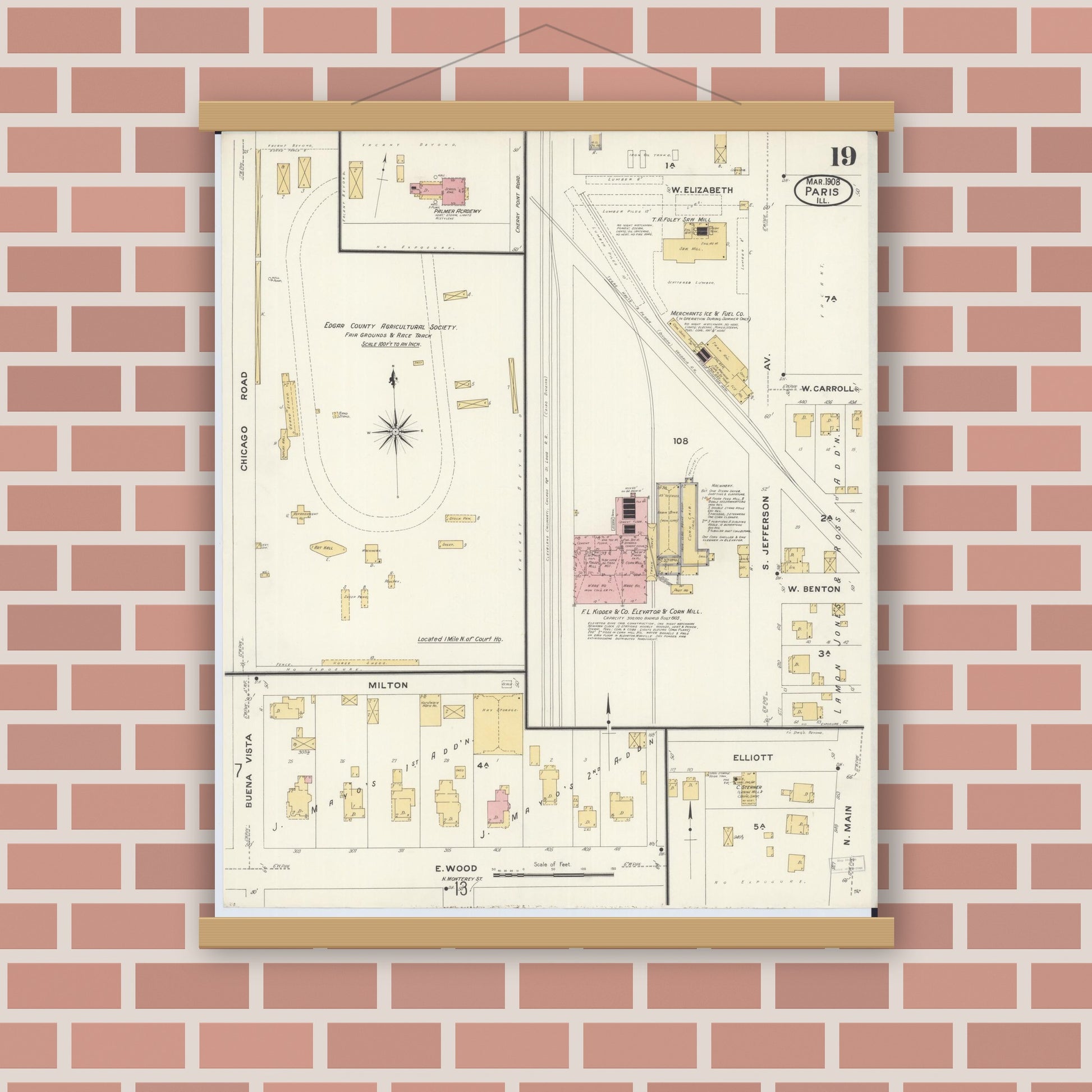 Old map wall art mockup — magnetic wood frame on brick wall — Sanborn Fire Insurance Map from Paris, Edgar County, Illinois (1908), Sheet #0019