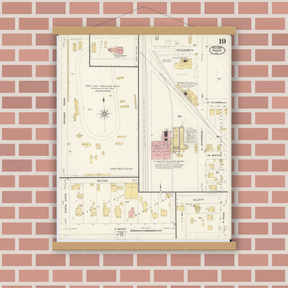 Old map wall art mockup — magnetic wood frame on brick wall — Sanborn Fire Insurance Map from Paris, Edgar County, Illinois (1908), Sheet #0019