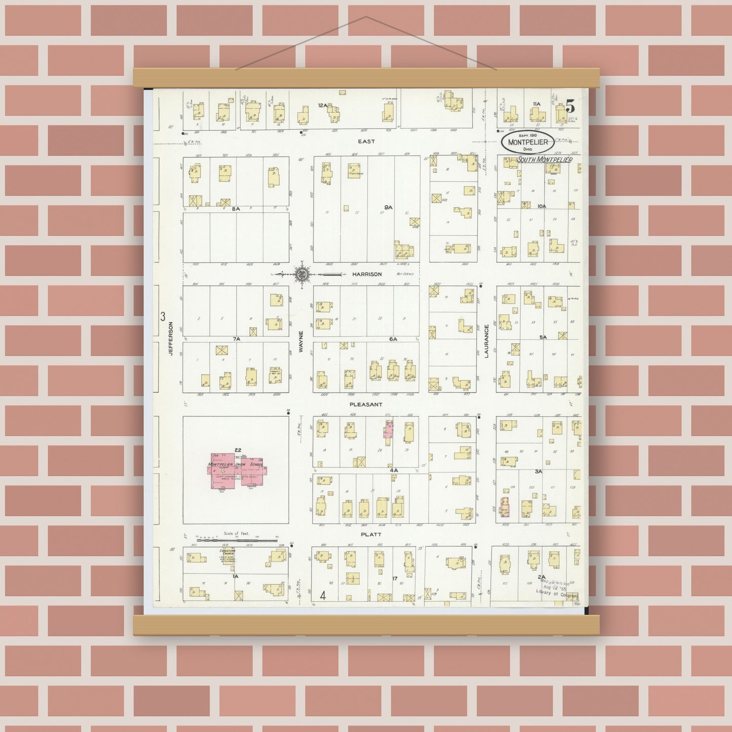Old map wall art mockup — magnetic wood frame on brick wall — Sanborn Fire Insurance Map from Montpelier, Williams County, Ohio (1910), Sheet #0005