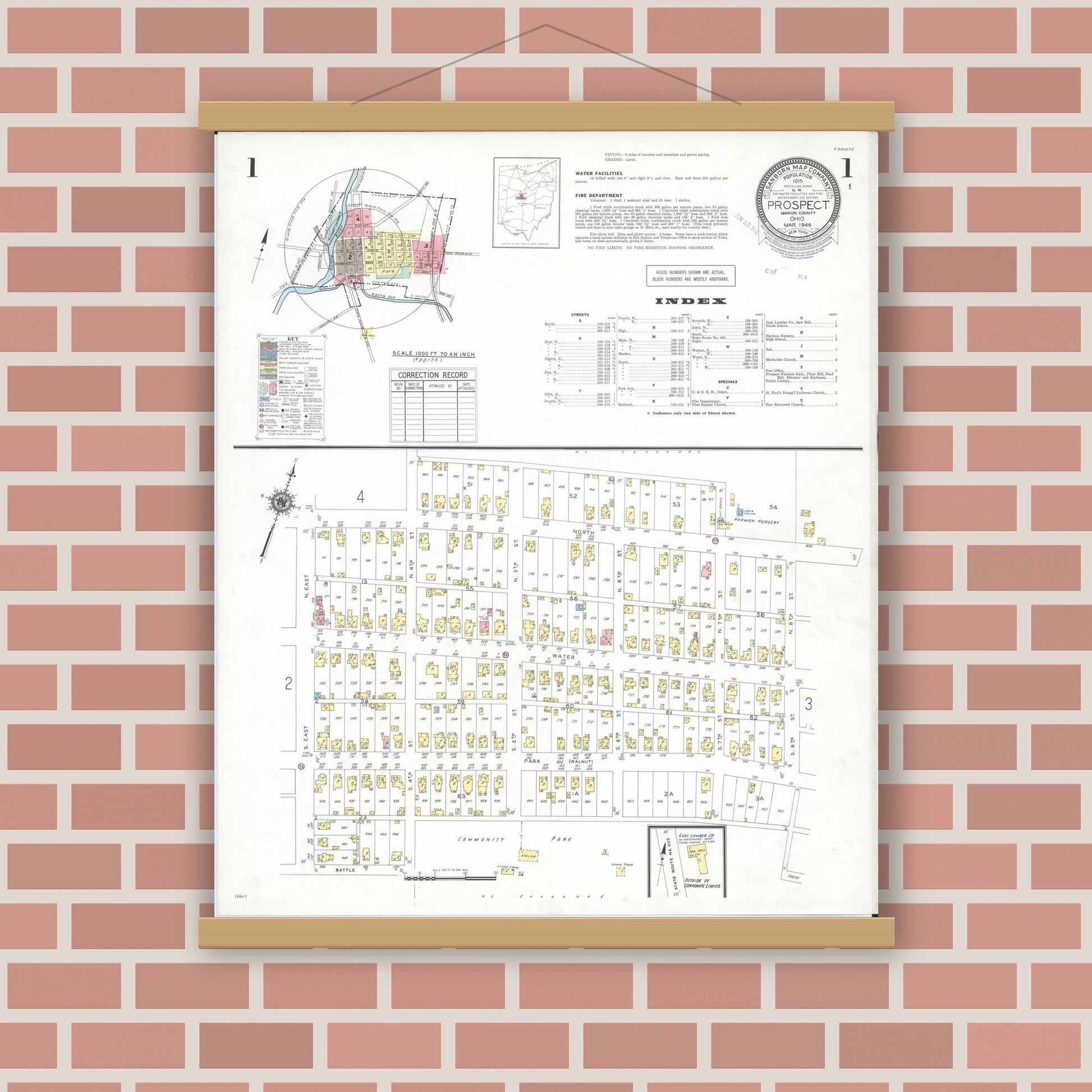 Old map wall art mockup — magnetic wood frame on brick wall — Sanborn Fire Insurance Map from Prospect, Marion County, Ohio (1946) - Complete Map Set