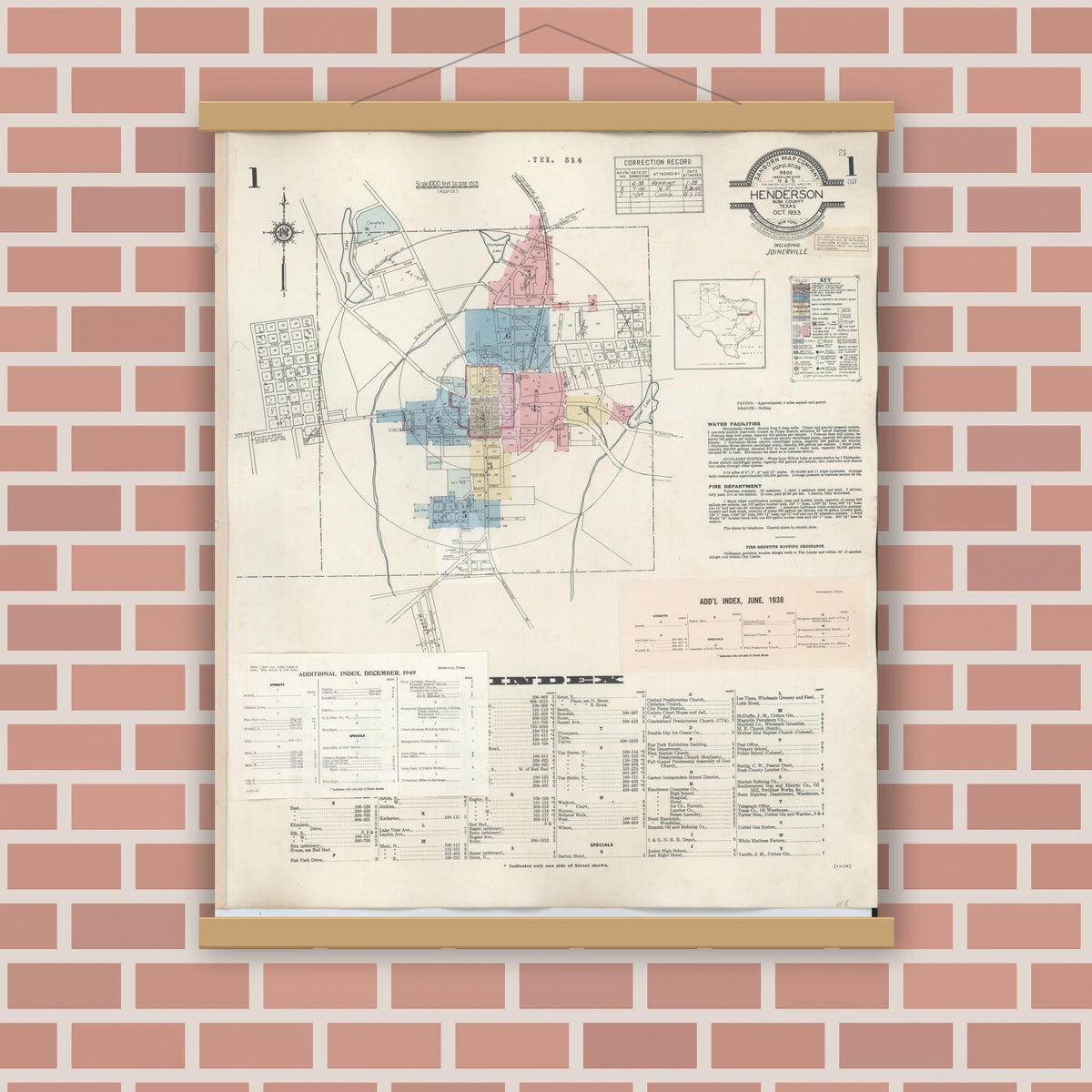 Old map wall art mockup — magnetic wood frame on brick wall — Sanborn Fire Insurance Map from Henderson, Rusk County, Texas (1949), Sheet #0001