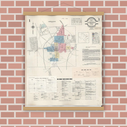 Old map wall art mockup — magnetic wood frame on brick wall — Sanborn Fire Insurance Map from Henderson, Rusk County, Texas (1949), Sheet #0001