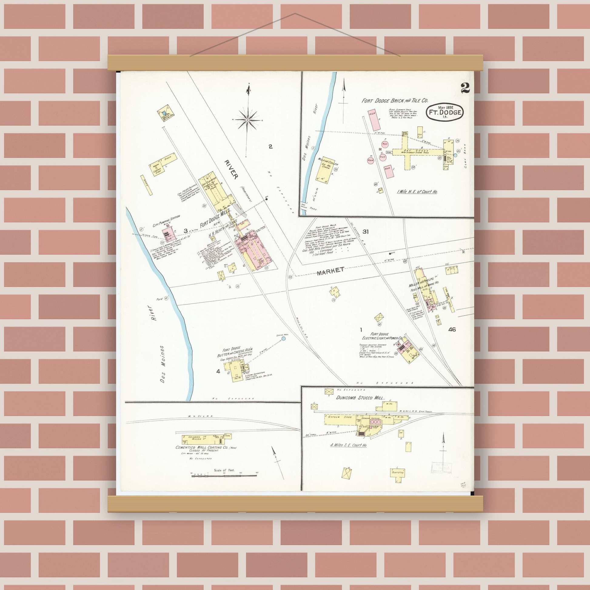 Old map wall art mockup — magnetic wood frame on brick wall — Sanborn Fire Insurance Map from Fort Dodge, Webster County, Iowa (1892), Sheet #0002