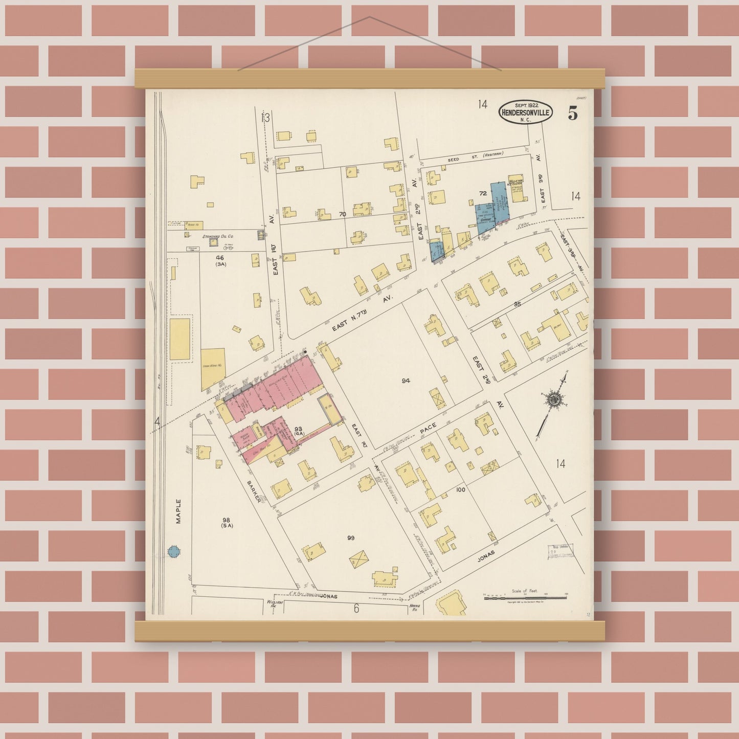 Old map wall art mockup — magnetic wood frame on brick wall — Sanborn Fire Insurance Map from Hendersonville, Henderson County, North Carolina (1922), Sheet #0005