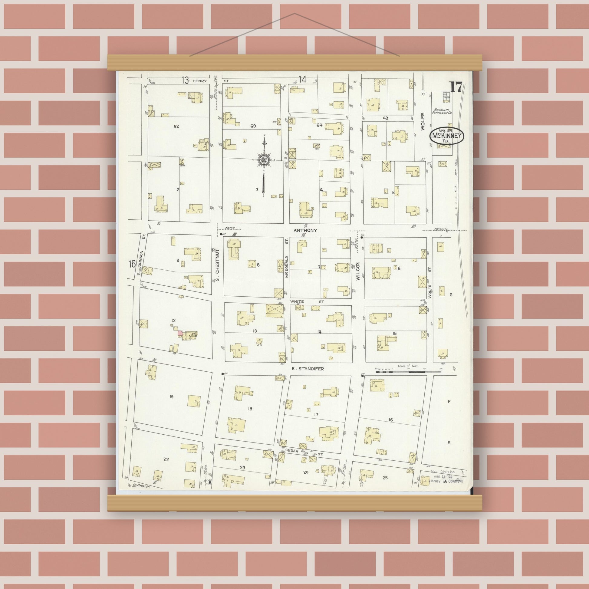 Old map wall art mockup — magnetic wood frame on brick wall — Sanborn Fire Insurance Map from McKinney, Collin County, Texas (1914), Sheet #0017