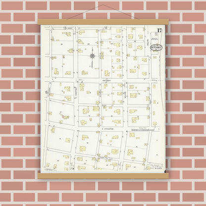 Old map wall art mockup — magnetic wood frame on brick wall — Sanborn Fire Insurance Map from McKinney, Collin County, Texas (1914), Sheet #0017