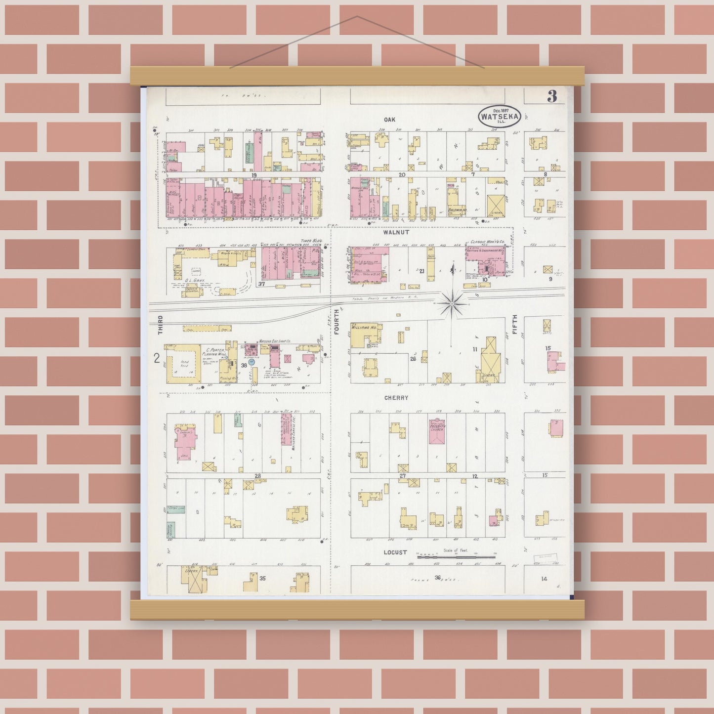 Old map wall art mockup — magnetic wood frame on brick wall — Sanborn Fire Insurance Map from Watseka, Iroquois County, Illinois (1897), Sheet #0003