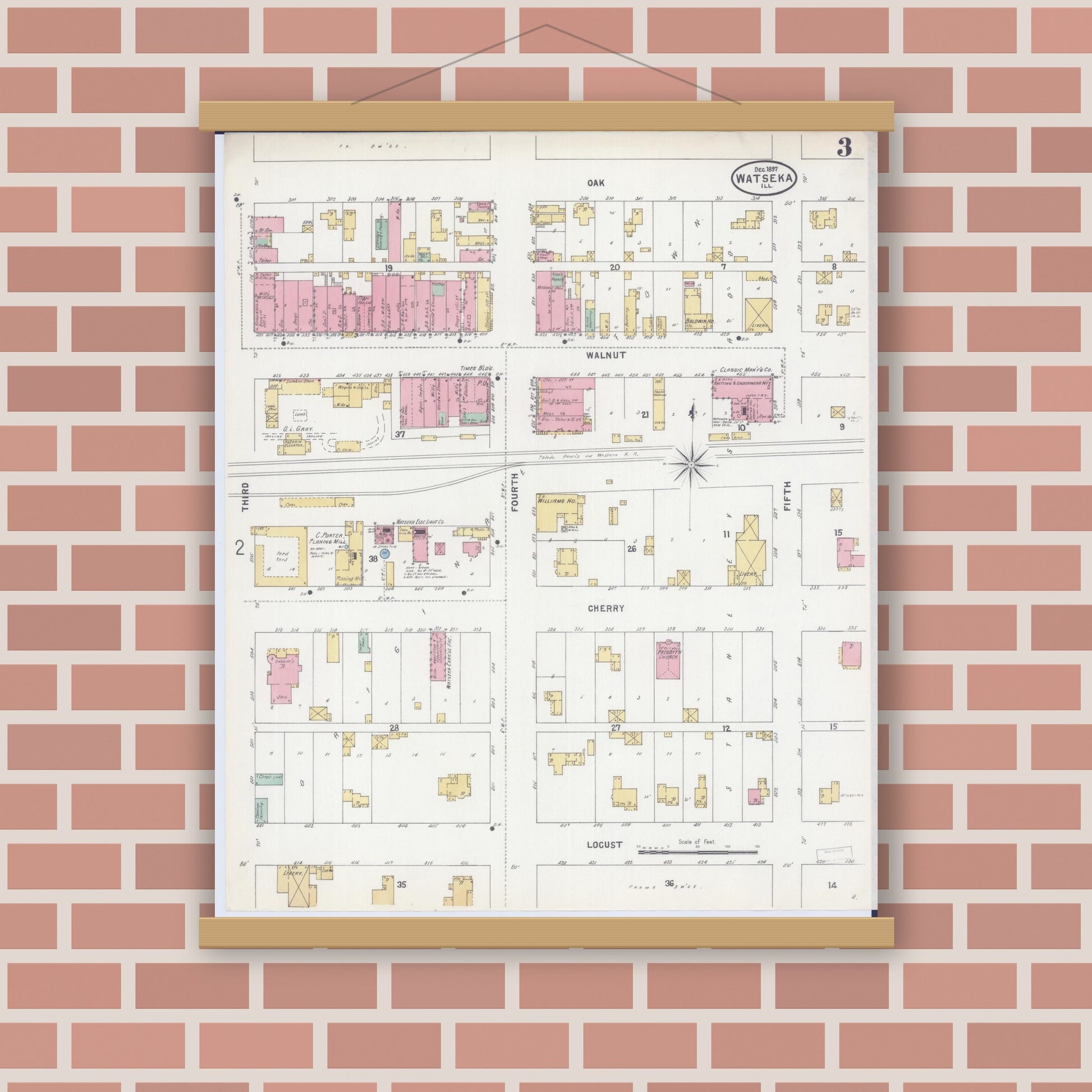 Old map wall art mockup — magnetic wood frame on brick wall — Sanborn Fire Insurance Map from Watseka, Iroquois County, Illinois (1897), Sheet #0003