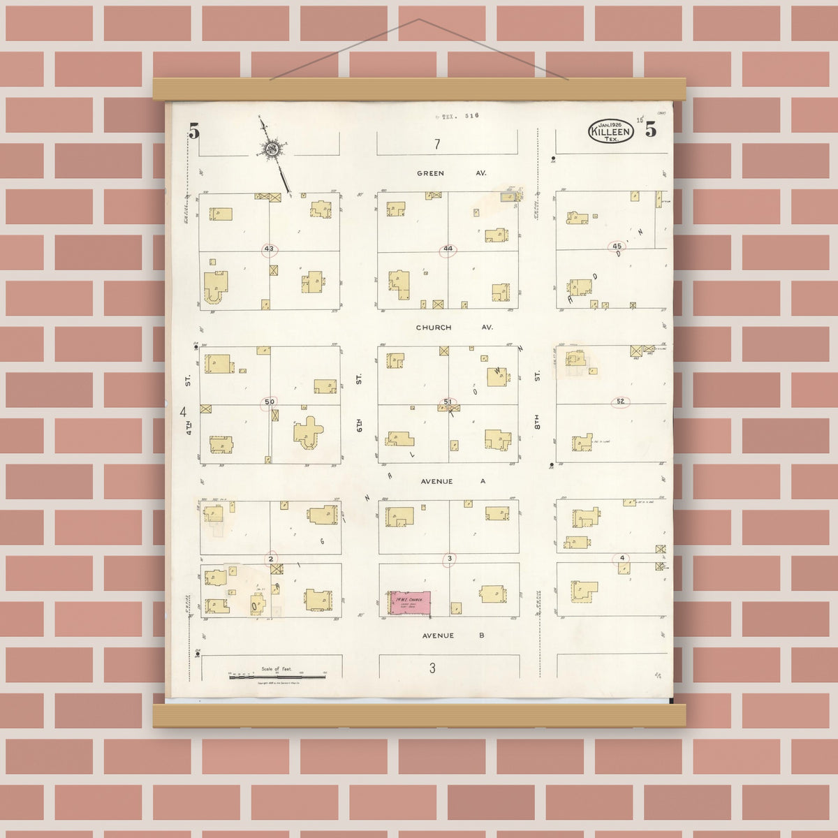 Old map wall art mockup — magnetic wood frame on brick wall — Sanborn Fire Insurance Map from Killeen, Bell County, Texas (1937), Sheet #0005