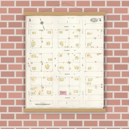 Old map wall art mockup — magnetic wood frame on brick wall — Sanborn Fire Insurance Map from Killeen, Bell County, Texas (1937), Sheet #0005