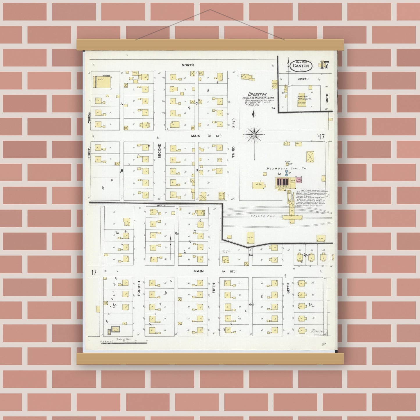 Old map wall art mockup — magnetic wood frame on brick wall — Sanborn Fire Insurance Map from Canton, Fulton County, Illinois (1909), Sheet #0017