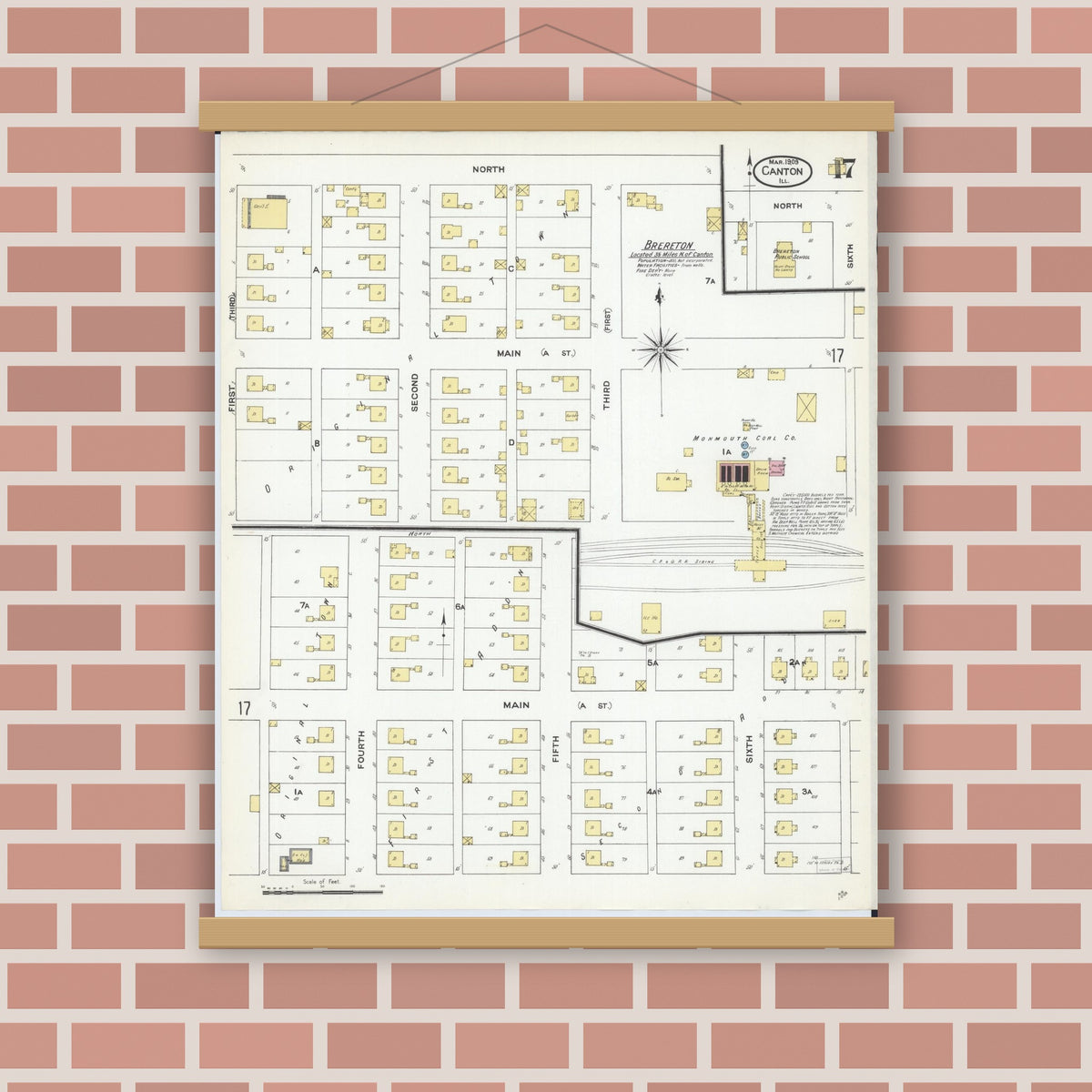 Old map wall art mockup — magnetic wood frame on brick wall — Sanborn Fire Insurance Map from Canton, Fulton County, Illinois (1909), Sheet #0017