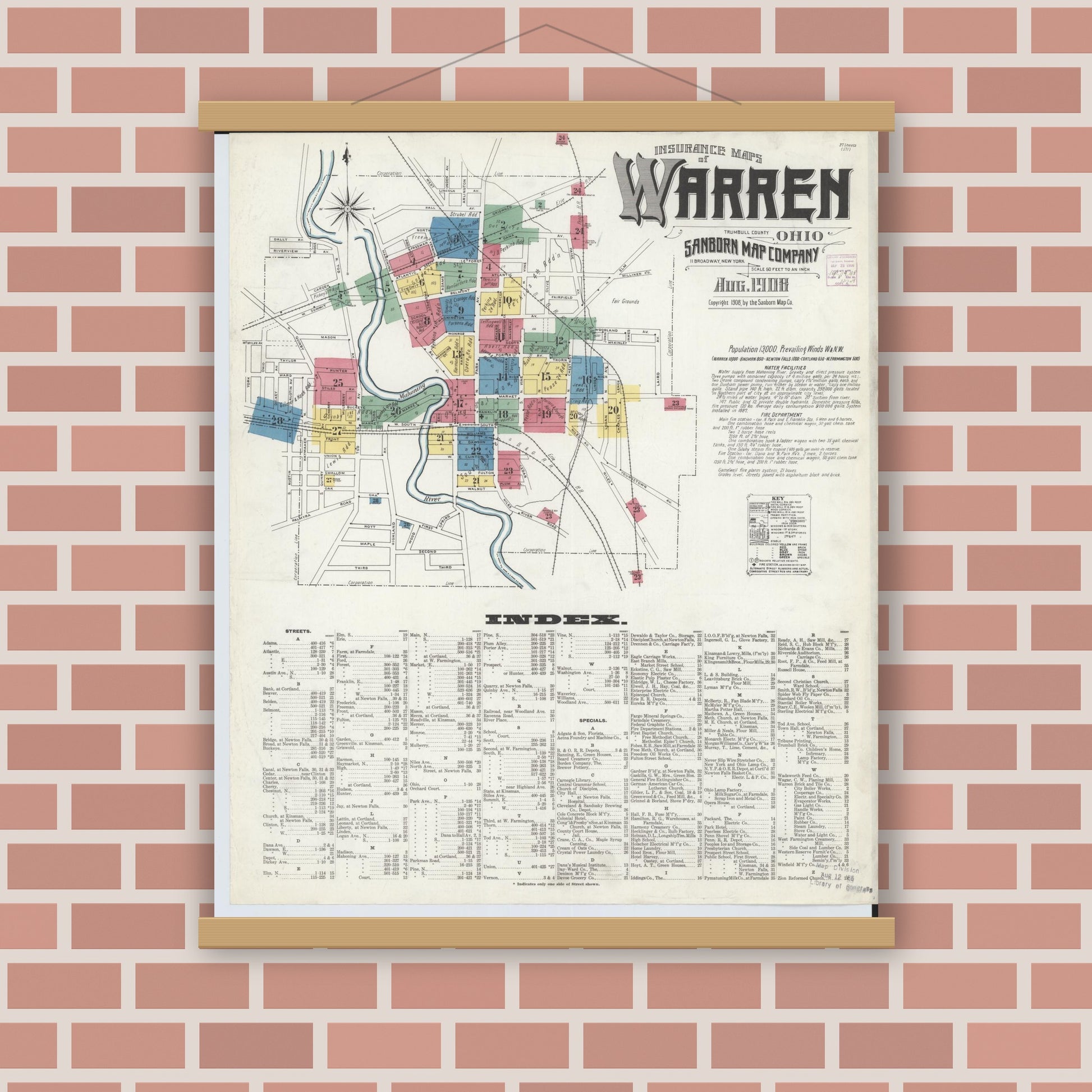 Old map wall art mockup — magnetic wood frame on brick wall — Sanborn Fire Insurance Map from Warren, Trumbull County, Ohio (1908) - Complete Map Set