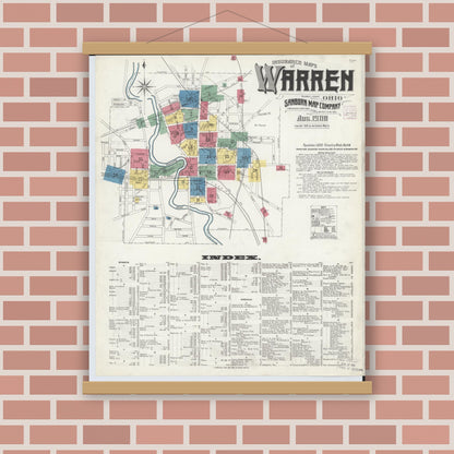 Old map wall art mockup — magnetic wood frame on brick wall — Sanborn Fire Insurance Map from Warren, Trumbull County, Ohio (1908) - Complete Map Set