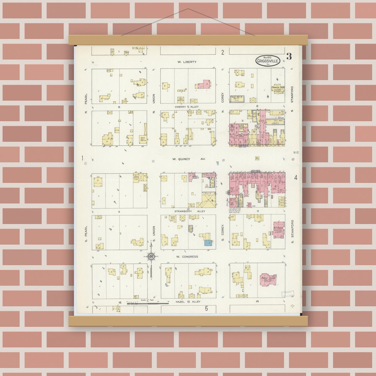 Old map wall art mockup — magnetic wood frame on brick wall — Sanborn Fire Insurance Map from Griggsville, Pike County, Illinois (1913), Sheet #0003