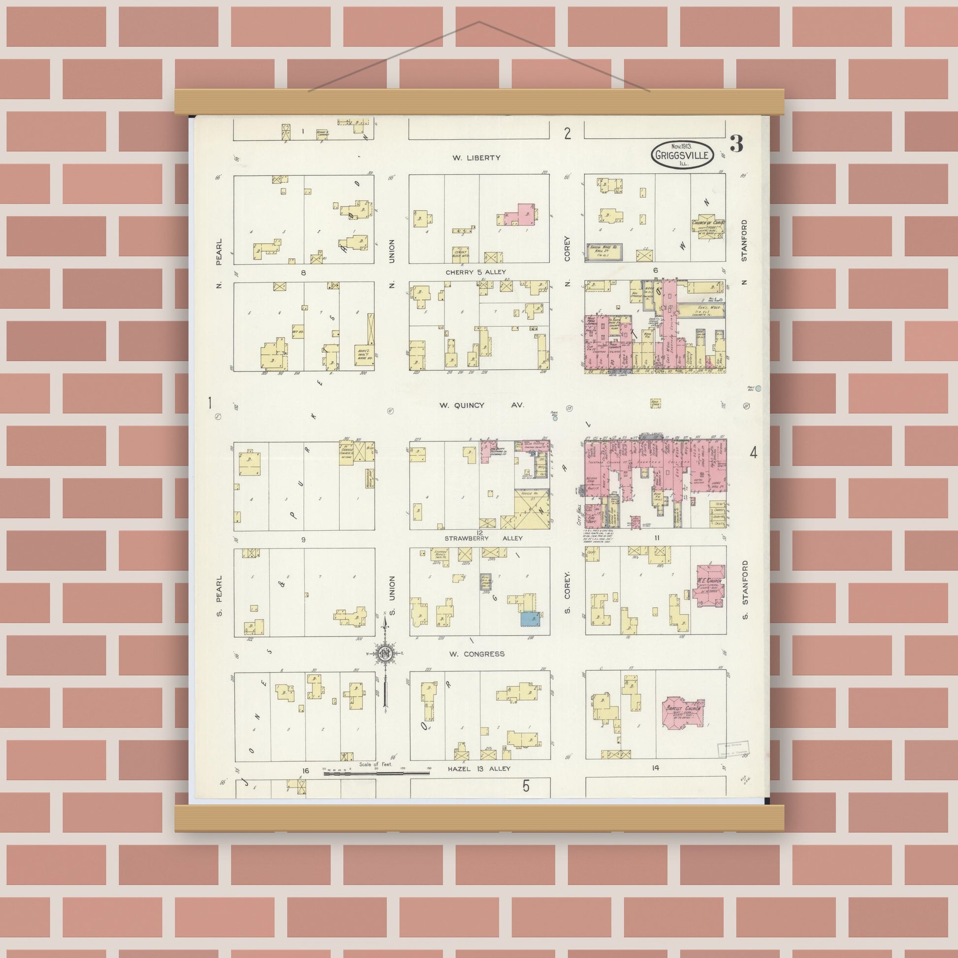 Old map wall art mockup — magnetic wood frame on brick wall — Sanborn Fire Insurance Map from Griggsville, Pike County, Illinois (1913), Sheet #0003