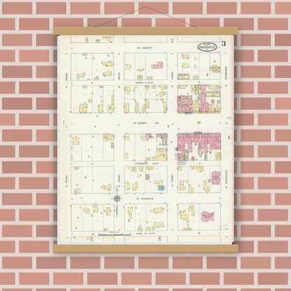 Old map wall art mockup — magnetic wood frame on brick wall — Sanborn Fire Insurance Map from Griggsville, Pike County, Illinois (1913), Sheet #0003