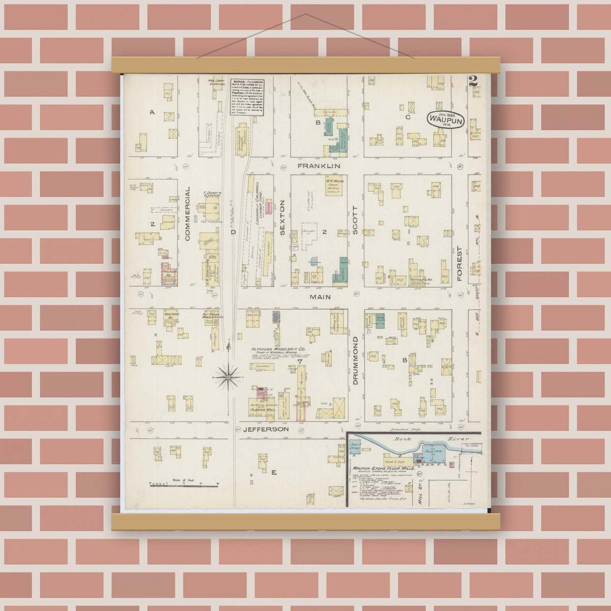 Old map wall art mockup — magnetic wood frame on brick wall — Sanborn Fire Insurance Map from Waupun, Dodge and Fond du Lac Counties, Wisconsin (1885), Sheet #0002