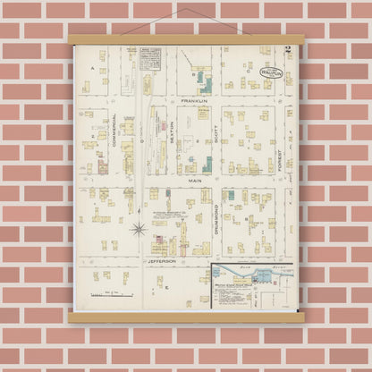 Old map wall art mockup — magnetic wood frame on brick wall — Sanborn Fire Insurance Map from Waupun, Dodge and Fond du Lac Counties, Wisconsin (1885), Sheet #0002