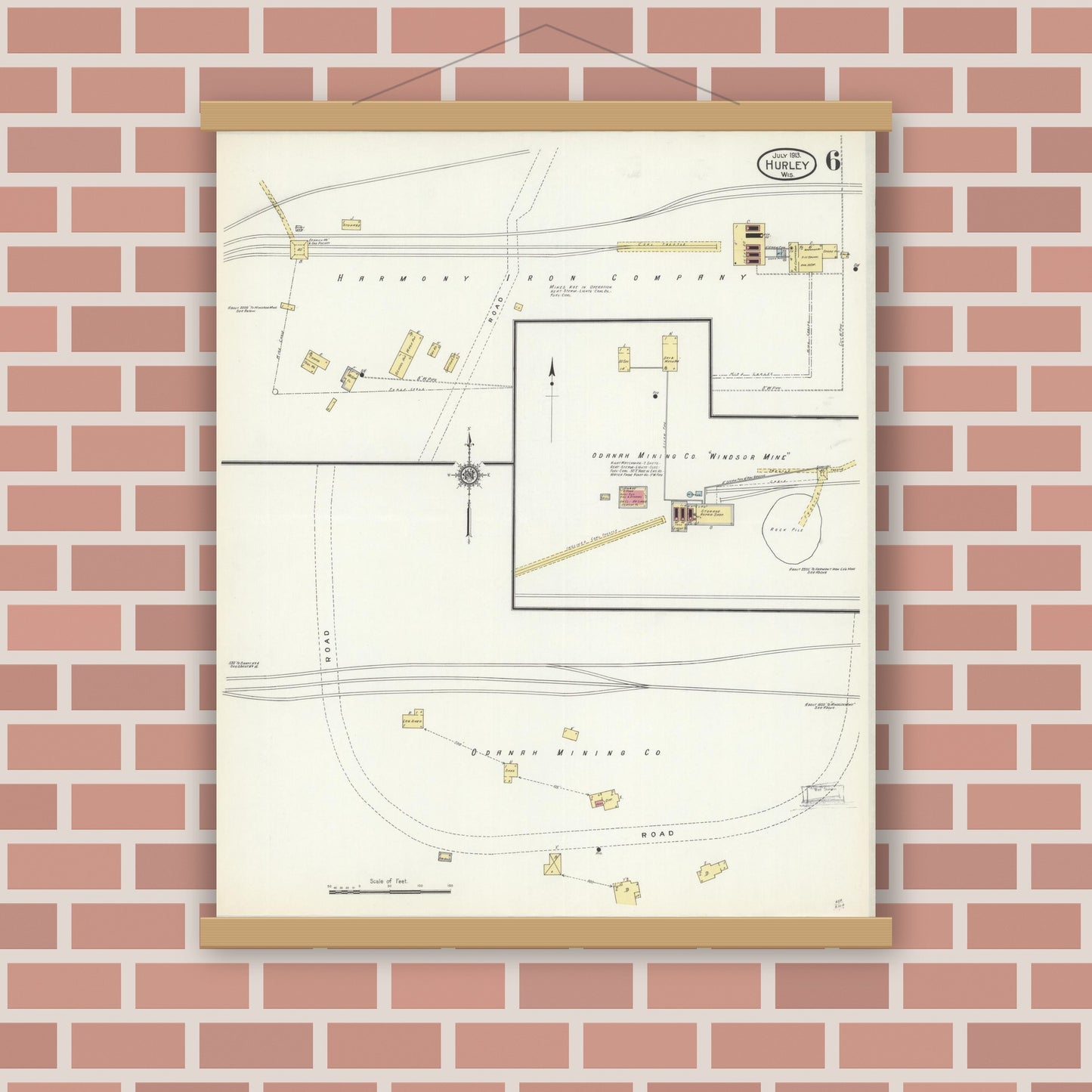 Old map wall art mockup — magnetic wood frame on brick wall — Sanborn Fire Insurance Map from Hurley, Iron County, Wisconsin (1913), Sheet #0006