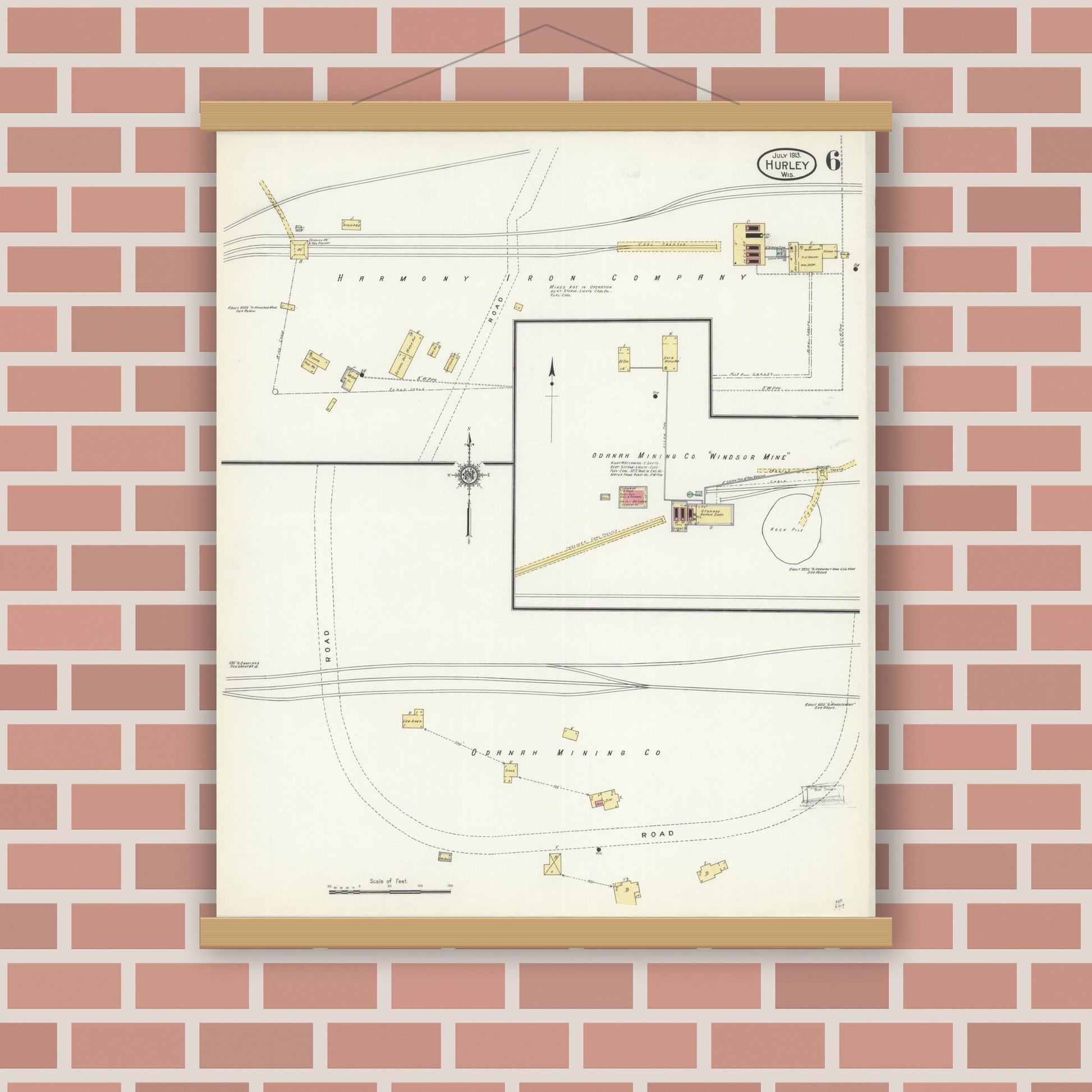 Old map wall art mockup — magnetic wood frame on brick wall — Sanborn Fire Insurance Map from Hurley, Iron County, Wisconsin (1913), Sheet #0006