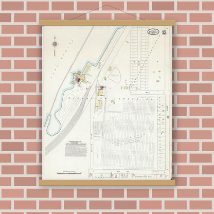 Old map wall art mockup — magnetic wood frame on brick wall — Sanborn Fire Insurance Map from Bemidji, Beltrami County, Minnesota (1914), Sheet #0015