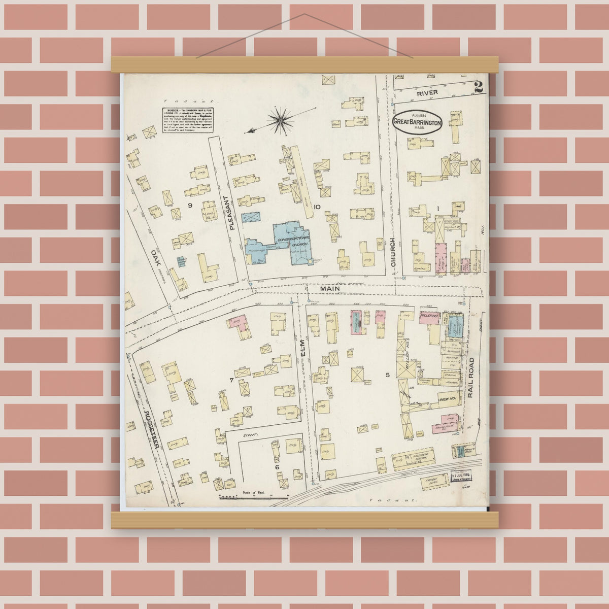 Old map wall art mockup — magnetic wood frame on brick wall — Sanborn Fire Insurance Map from Great Barrington, Berkshire County, Massachusetts (1884), Sheet #0002