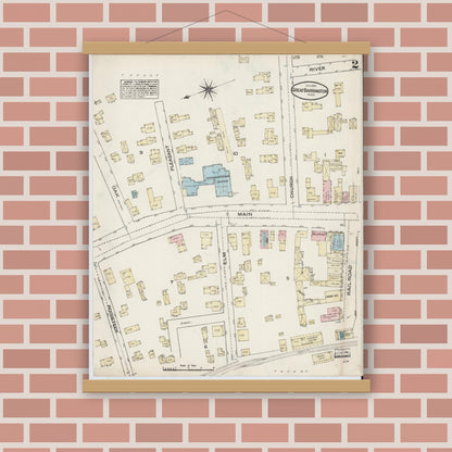 Old map wall art mockup — magnetic wood frame on brick wall — Sanborn Fire Insurance Map from Great Barrington, Berkshire County, Massachusetts (1884), Sheet #0002