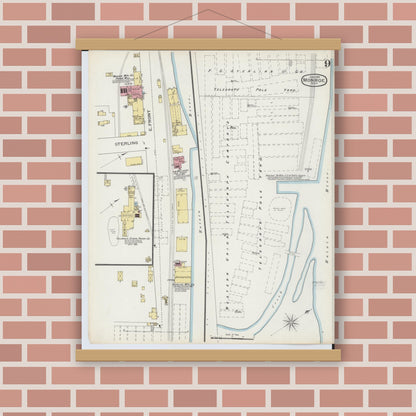 Old map wall art mockup — magnetic wood frame on brick wall — Sanborn Fire Insurance Map from Monroe, Monroe County, Michigan (1893), Sheet #0009