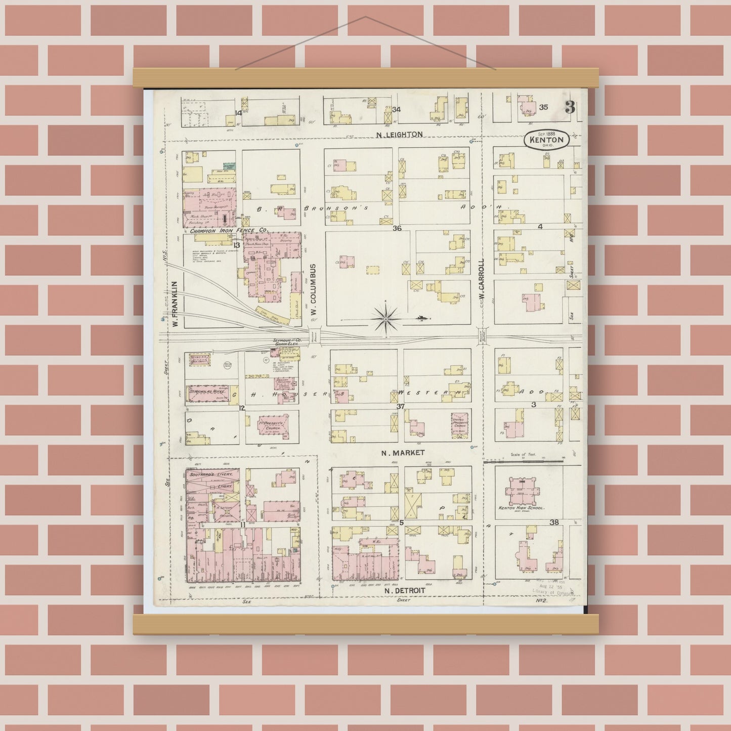 Old map wall art mockup — magnetic wood frame on brick wall — Sanborn Fire Insurance Map from Kenton, Hardin County, Ohio (1888), Sheet #0003
