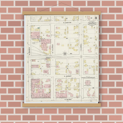 Old map wall art mockup — magnetic wood frame on brick wall — Sanborn Fire Insurance Map from Kenton, Hardin County, Ohio (1888), Sheet #0003