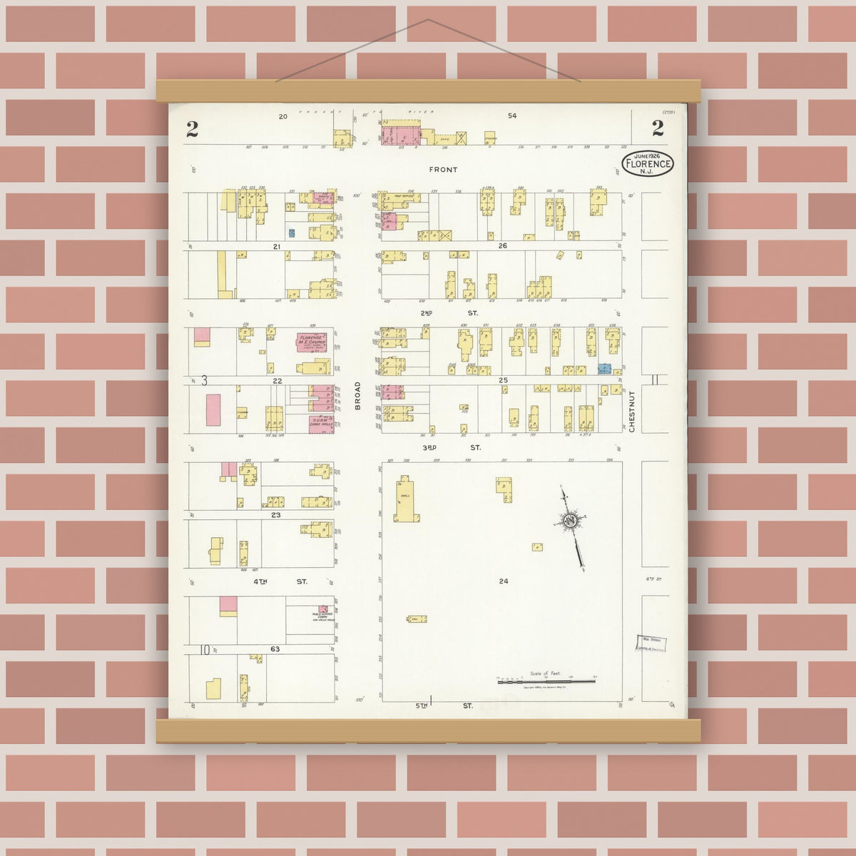 Old map wall art mockup — magnetic wood frame on brick wall — Sanborn Fire Insurance Map from Florence, Burlington County, New Jersey (1926), Sheet #0002