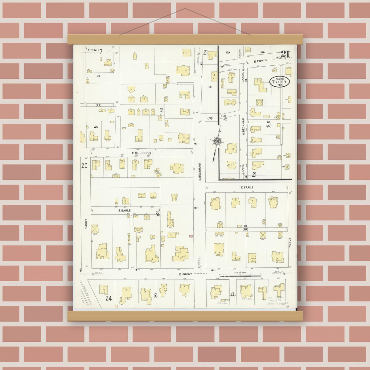 Old map wall art mockup — magnetic wood frame on brick wall — Sanborn Fire Insurance Map from Tyler, Smith County, Texas (1912), Sheet #0021