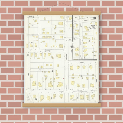Old map wall art mockup — magnetic wood frame on brick wall — Sanborn Fire Insurance Map from Tyler, Smith County, Texas (1912), Sheet #0021