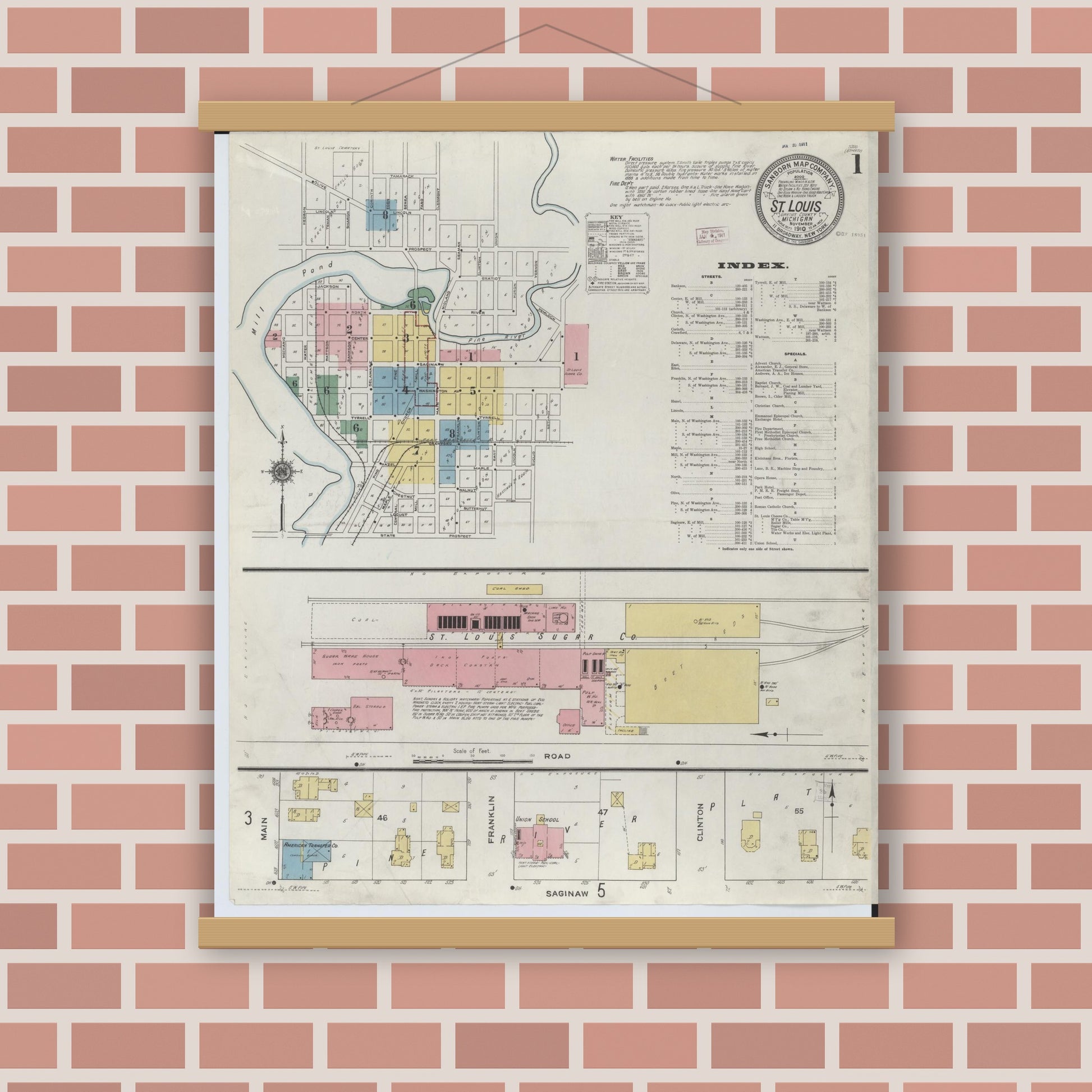 Old map wall art mockup — magnetic wood frame on brick wall — Sanborn Fire Insurance Map from Saint Louis, Gratiot County, Michigan (1910) - Complete Map Set