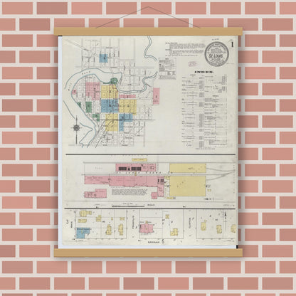 Old map wall art mockup — magnetic wood frame on brick wall — Sanborn Fire Insurance Map from Saint Louis, Gratiot County, Michigan (1910) - Complete Map Set