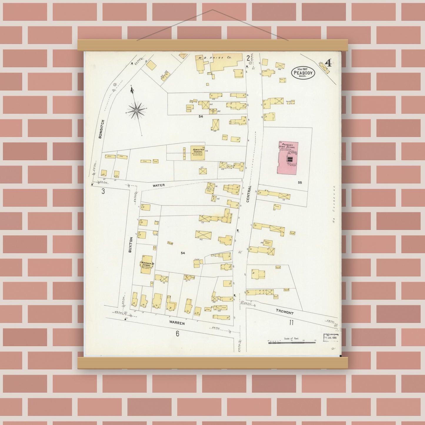 Old map wall art mockup — magnetic wood frame on brick wall — Sanborn Fire Insurance Map from Peabody, Essex County, Massachusetts (1907), Sheet #0004