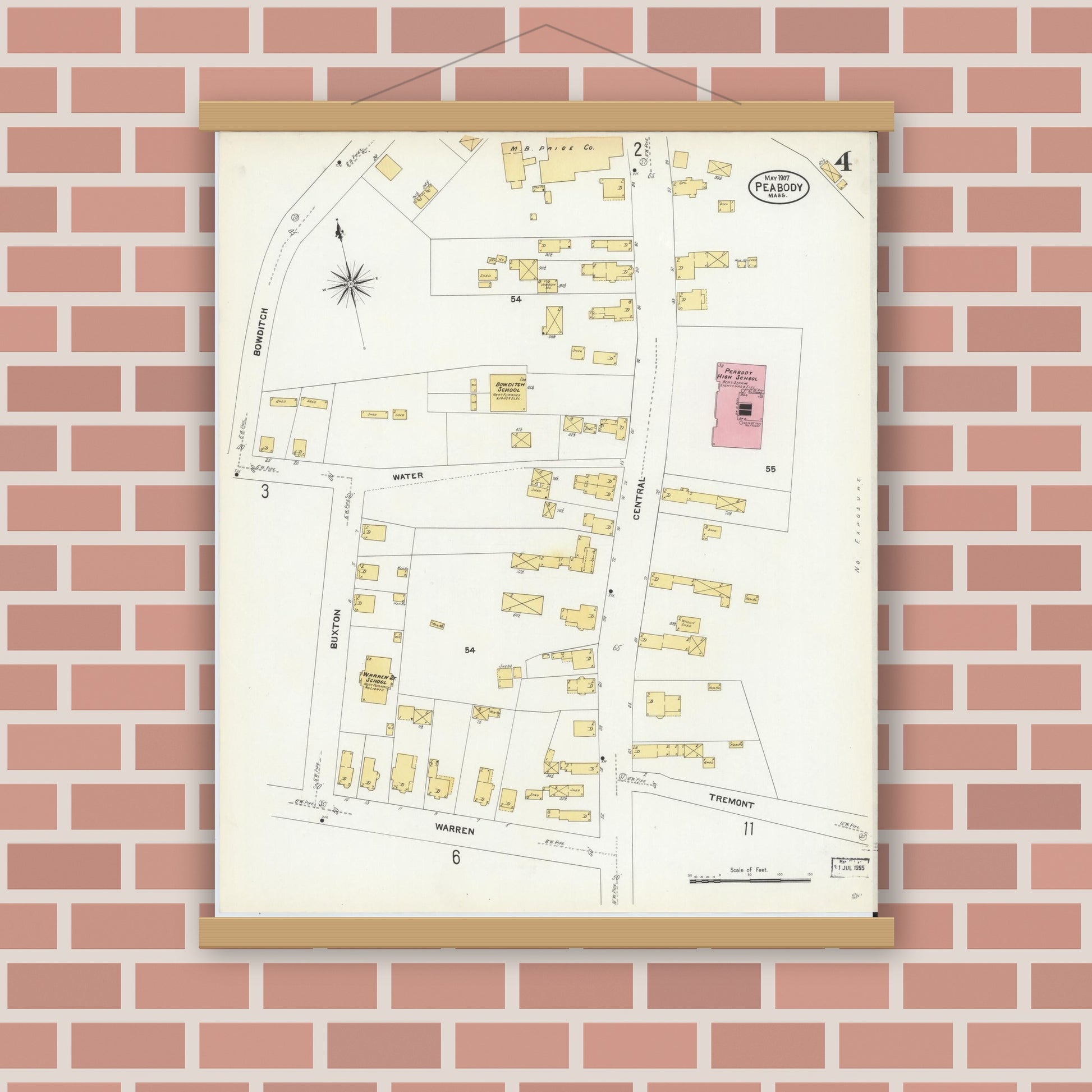 Old map wall art mockup — magnetic wood frame on brick wall — Sanborn Fire Insurance Map from Peabody, Essex County, Massachusetts (1907), Sheet #0004