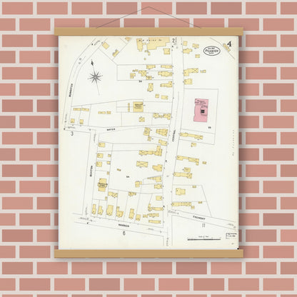 Old map wall art mockup — magnetic wood frame on brick wall — Sanborn Fire Insurance Map from Peabody, Essex County, Massachusetts (1907), Sheet #0004
