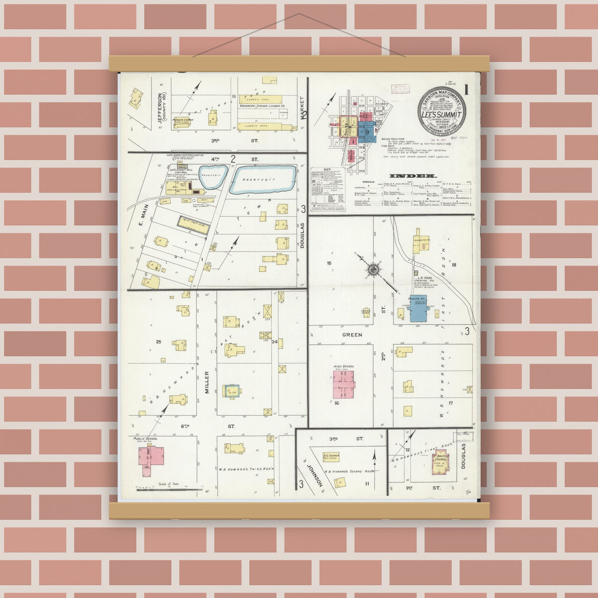 Old map wall art mockup — magnetic wood frame on brick wall — Sanborn Fire Insurance Map from Lee's Summit, Jackson County, Missouri (1909) - Complete Map Set