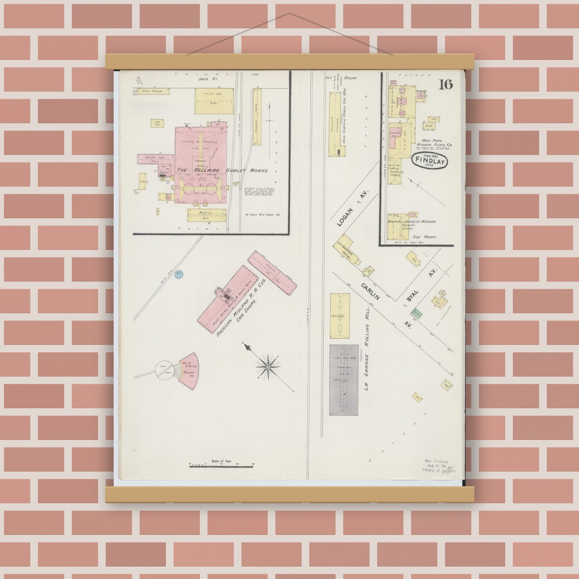 Old map wall art mockup — magnetic wood frame on brick wall — Sanborn Fire Insurance Map from Findlay, Hancock County, Ohio (1890), Sheet #0016