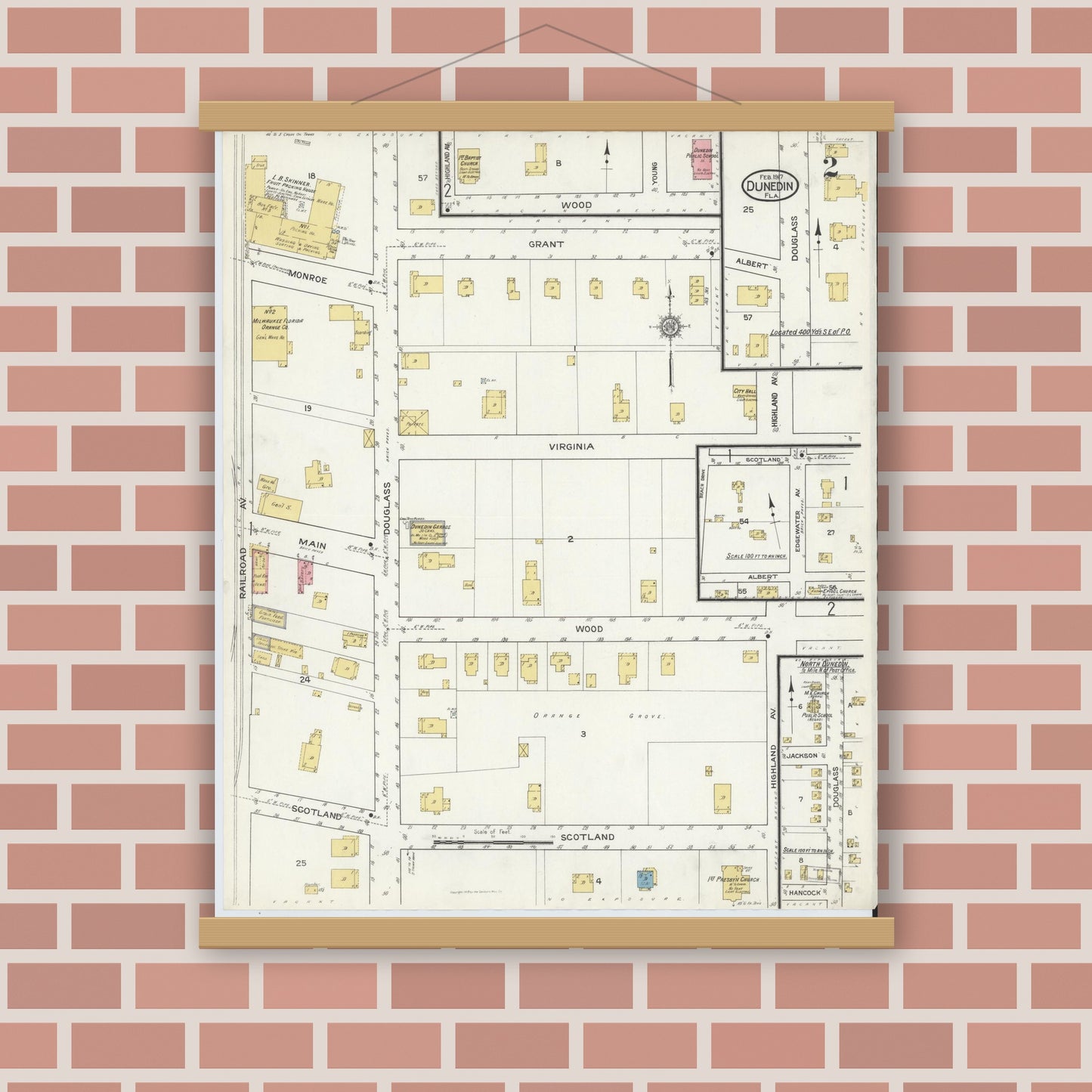 Old map wall art mockup — magnetic wood frame on brick wall — Sanborn Fire Insurance Map from Dunedin, Pinellas County, Florida (1917), Sheet #0002