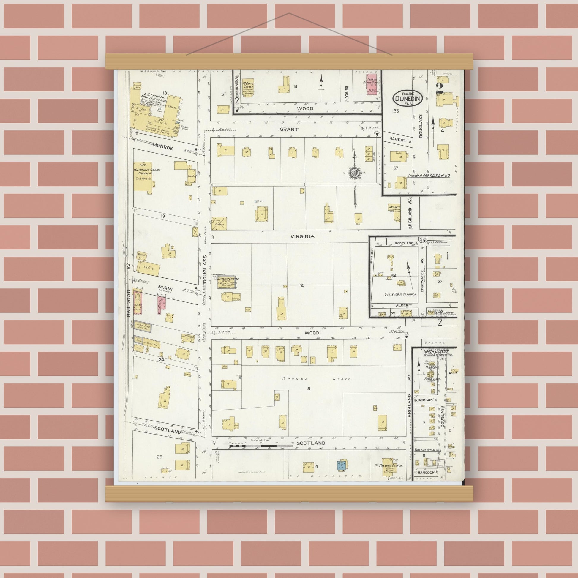 Old map wall art mockup — magnetic wood frame on brick wall — Sanborn Fire Insurance Map from Dunedin, Pinellas County, Florida (1917), Sheet #0002