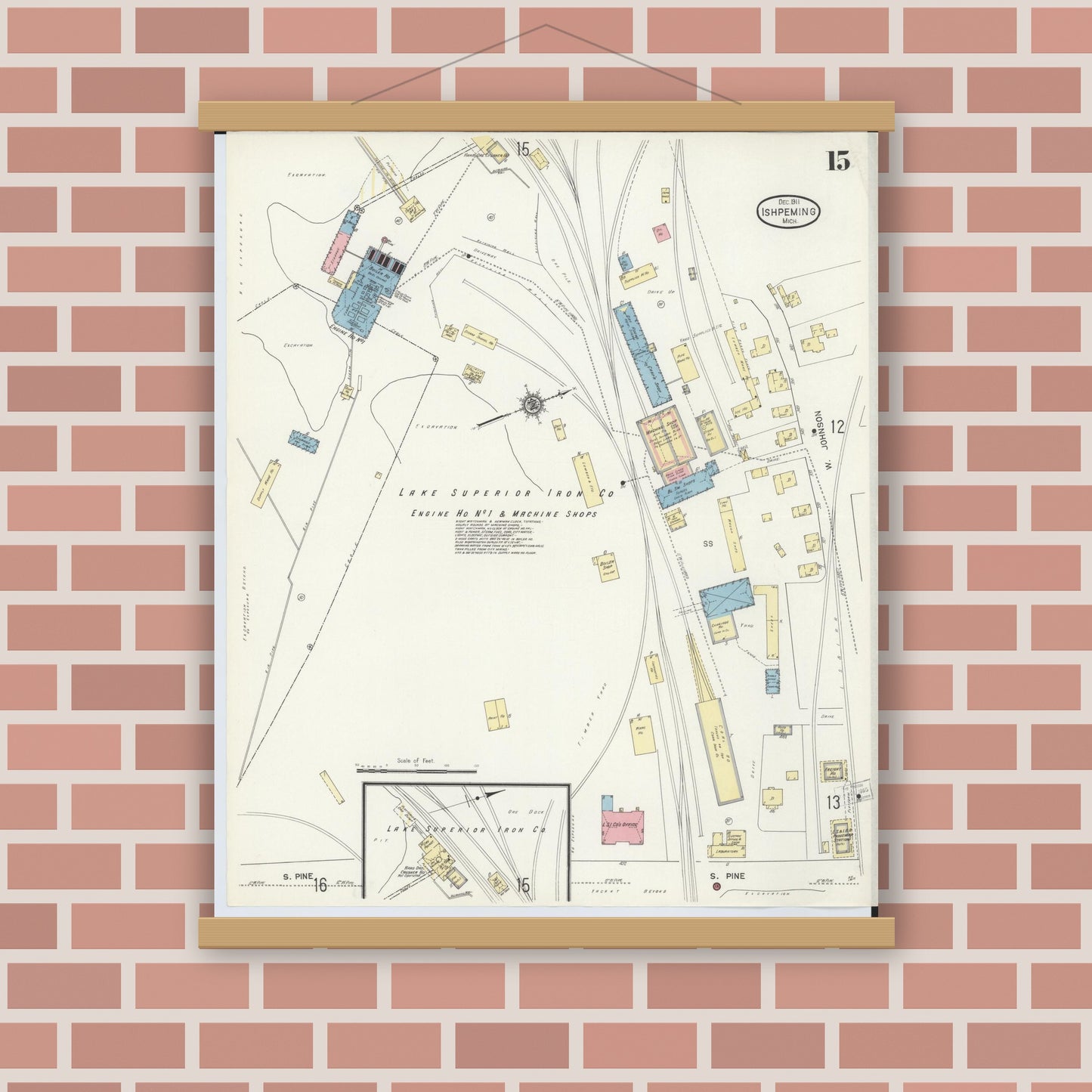 Old map wall art mockup — magnetic wood frame on brick wall — Sanborn Fire Insurance Map from Ishpeming, Marquette County, Michigan (1911), Sheet #0015