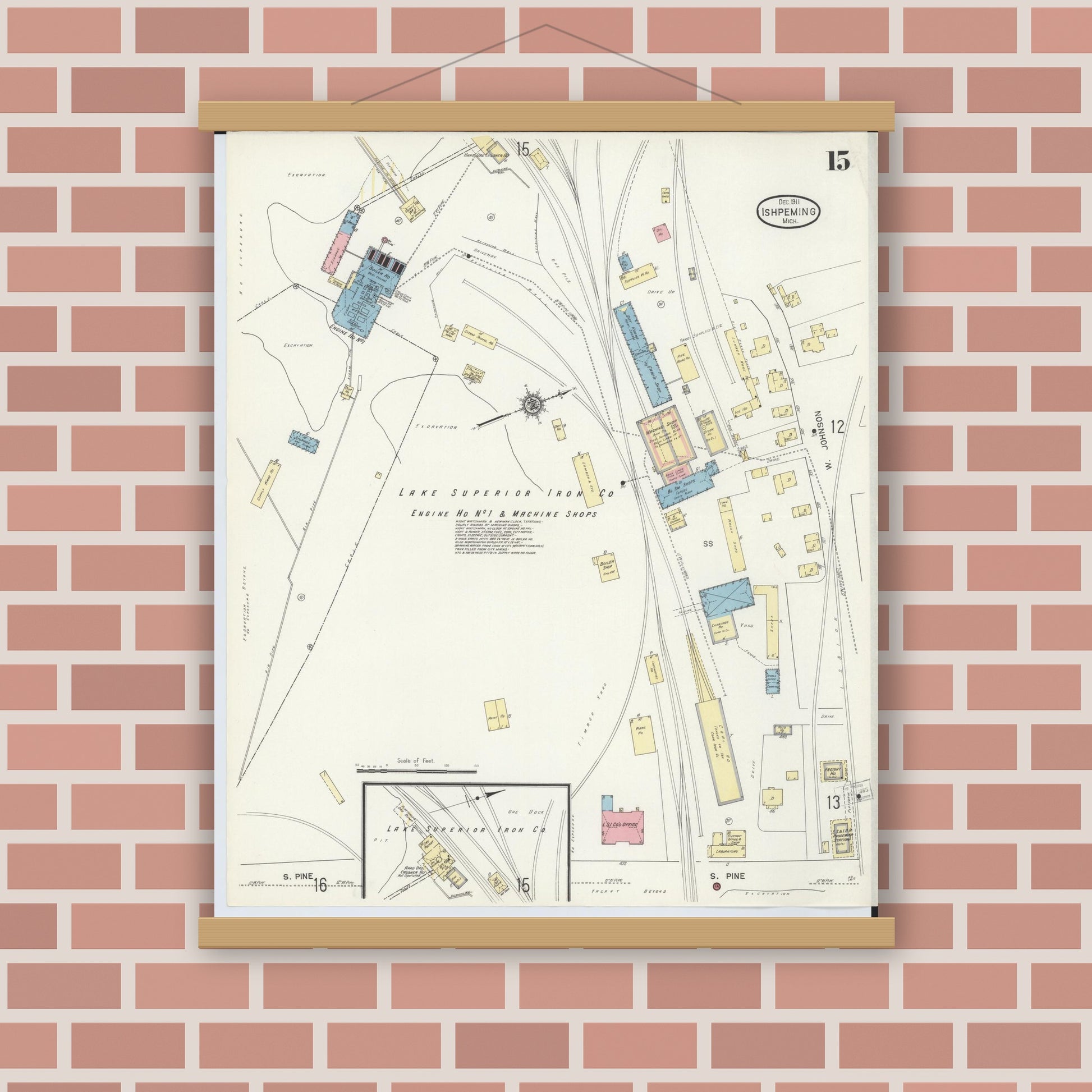Old map wall art mockup — magnetic wood frame on brick wall — Sanborn Fire Insurance Map from Ishpeming, Marquette County, Michigan (1911), Sheet #0015